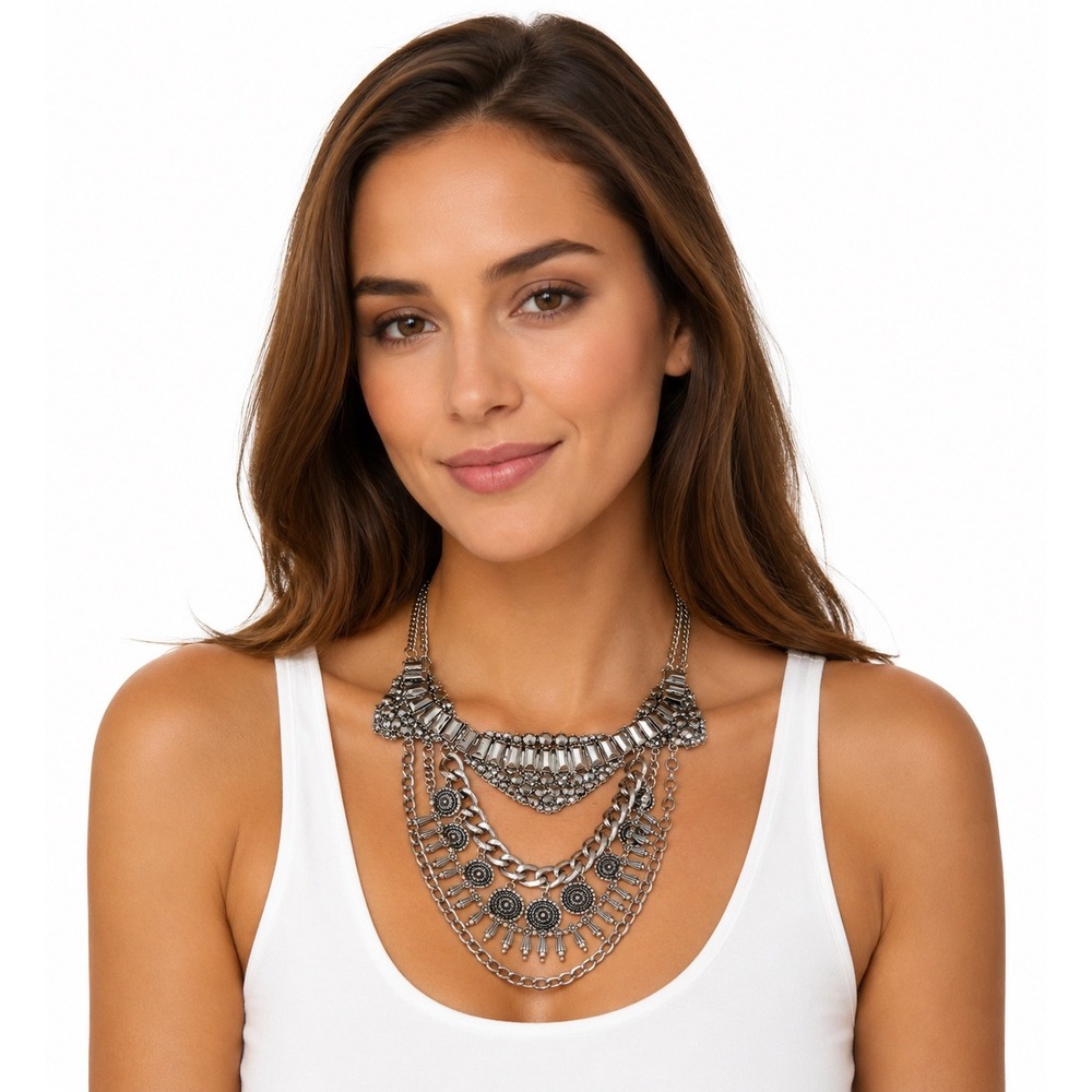 Gunmetal Statement Bib Necklace Multi Layered Rhinestone Boho‎ Tribal 103-210
